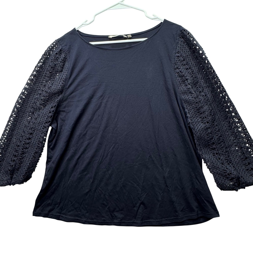 Soft Surroundings Crochet Sleeve Top Womens 2X Navy Blue Boho Lace Knit Classic